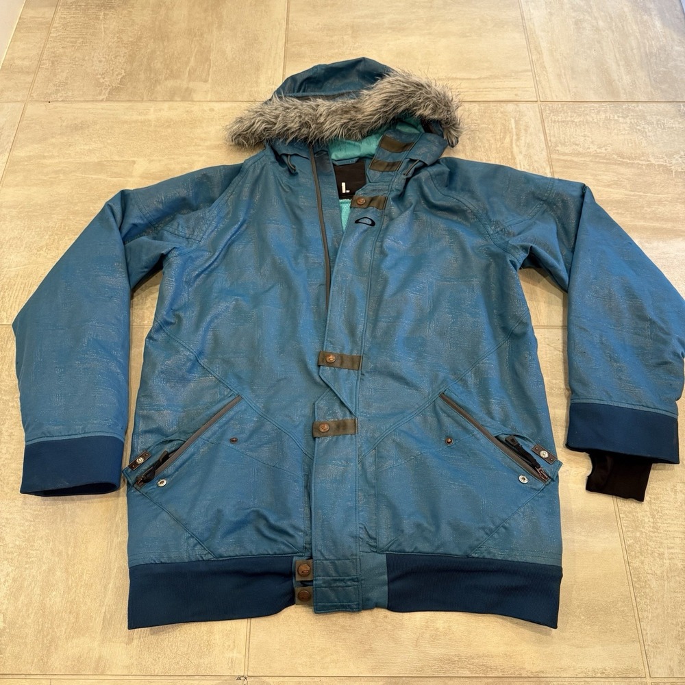 Oakley Jacket Womens XL Blue Hooded Fur‎ Trim Parka Snow Jacket Snowboard Skiing